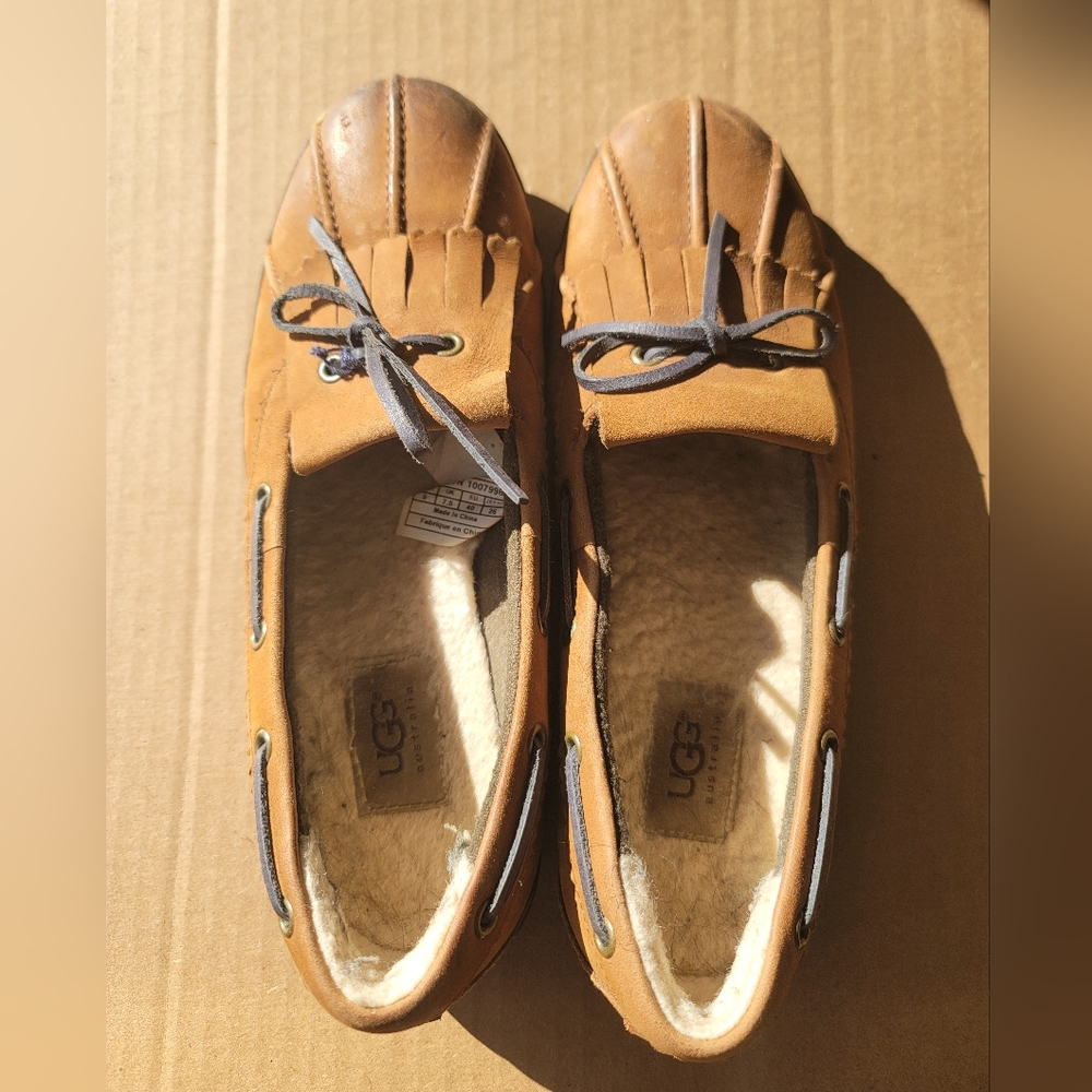 UGG Womens Haylie Brown Leather Shearling Fur Boat Shoes